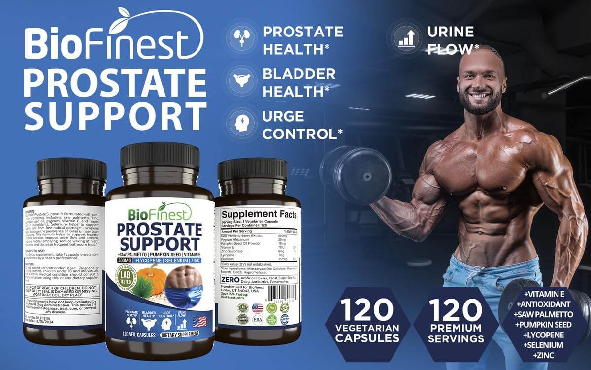Prostate Support Supplement for Men - Saw Palmetto, Lycopene, Pumpkin Seed, Pygeum, Zinc, Selenium - Promotes Healthy Bladder and Prostate Function - 120 Veg Capsules - Made in USA