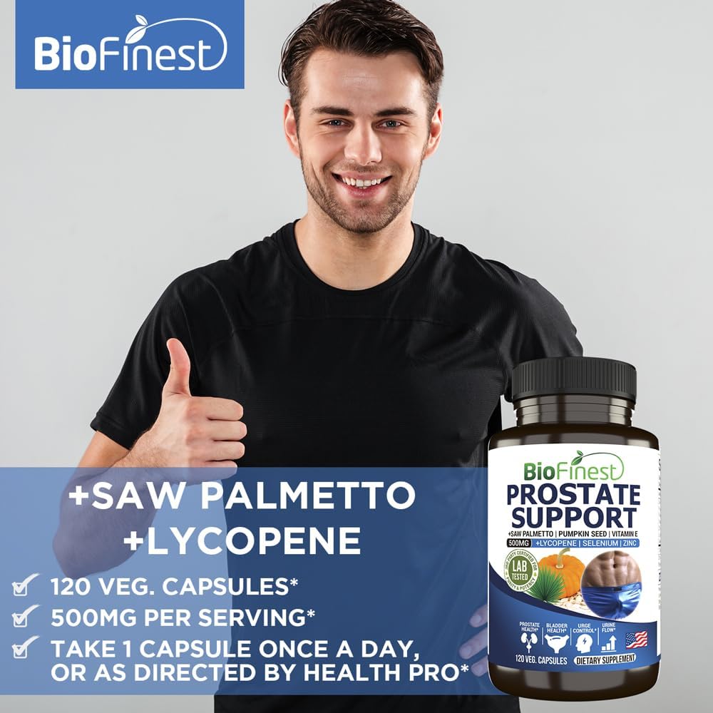 Prostate Support Supplement for Men - Saw Palmetto, Lycopene, Pumpkin Seed, Pygeum, Zinc, Selenium - Promotes Healthy Bladder and Prostate Function - 120 Veg Capsules - Made in USA