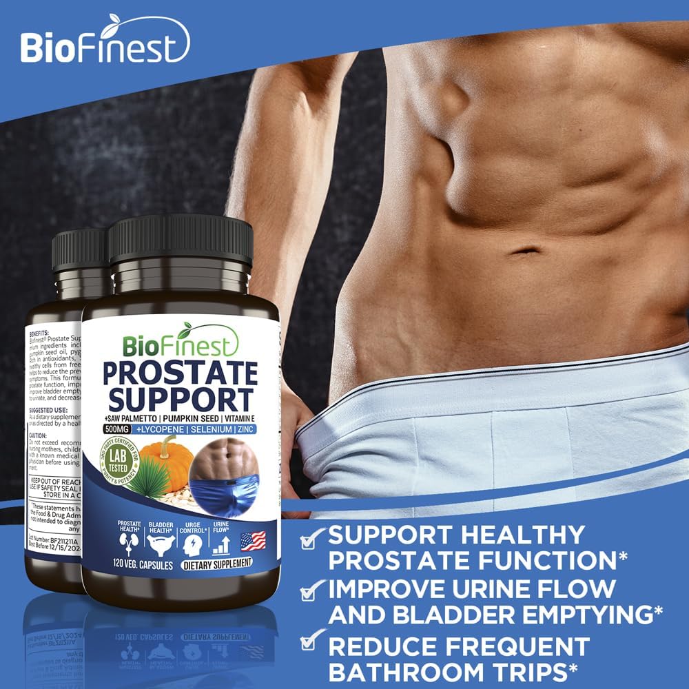 Prostate Support Supplement for Men - Saw Palmetto, Lycopene, Pumpkin Seed, Pygeum, Zinc, Selenium - Promotes Healthy Bladder and Prostate Function - 120 Veg Capsules - Made in USA
