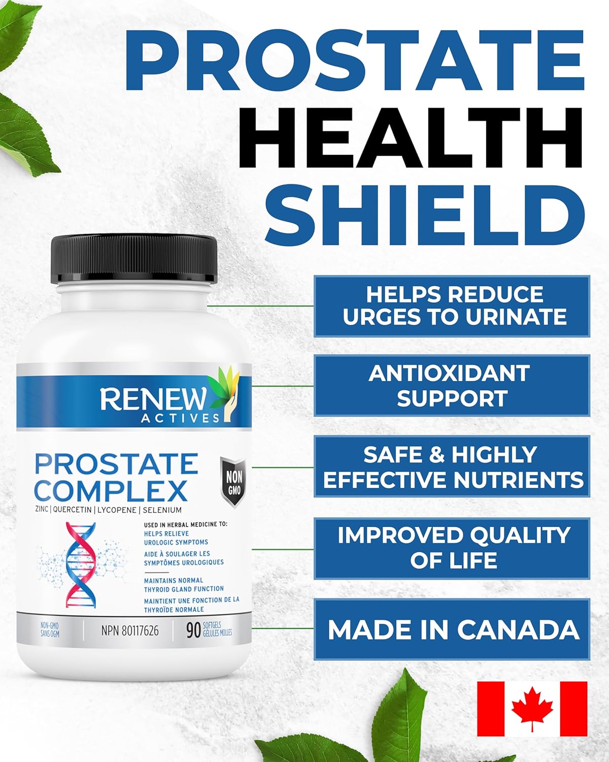 Prostate, Thyroid, and Eye Health Formula for Men - Antioxidant Blend Supplements - 90 Softgels - Made in Canada