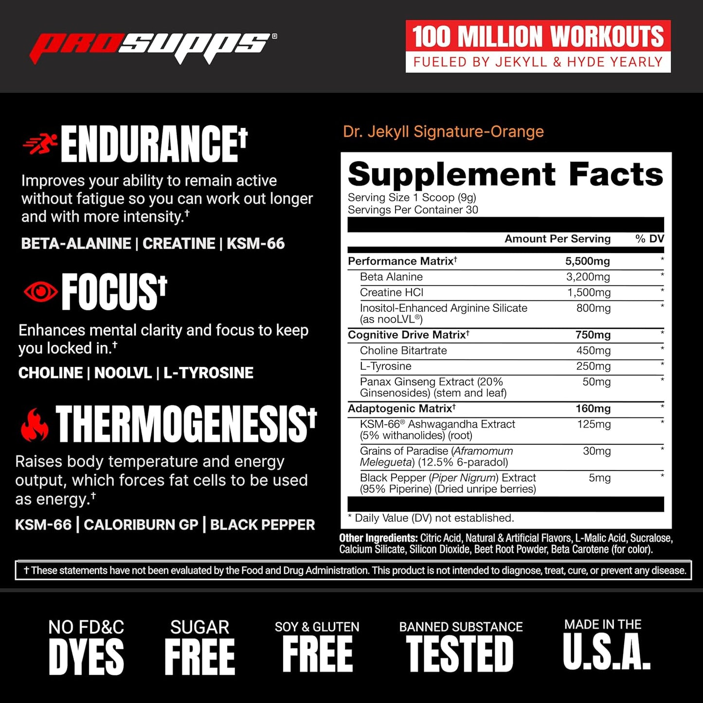 PROSUPPS Dr. Jekyll Pre-Workout Powder - Caffeine Free, Intense Focus & Energy - Orange Flavor (30 Servings)