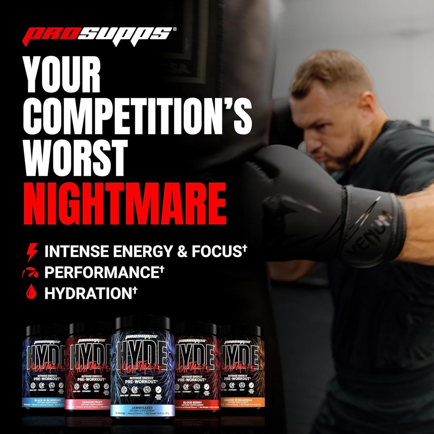 PROSUPPS Hyde Nightmare Pre-Workout Powder Energy Drink - Citrulline, Beta Alanine, & Nootropics for Intense Energy & Mental Focus (Blood Berry, 30 Servings)