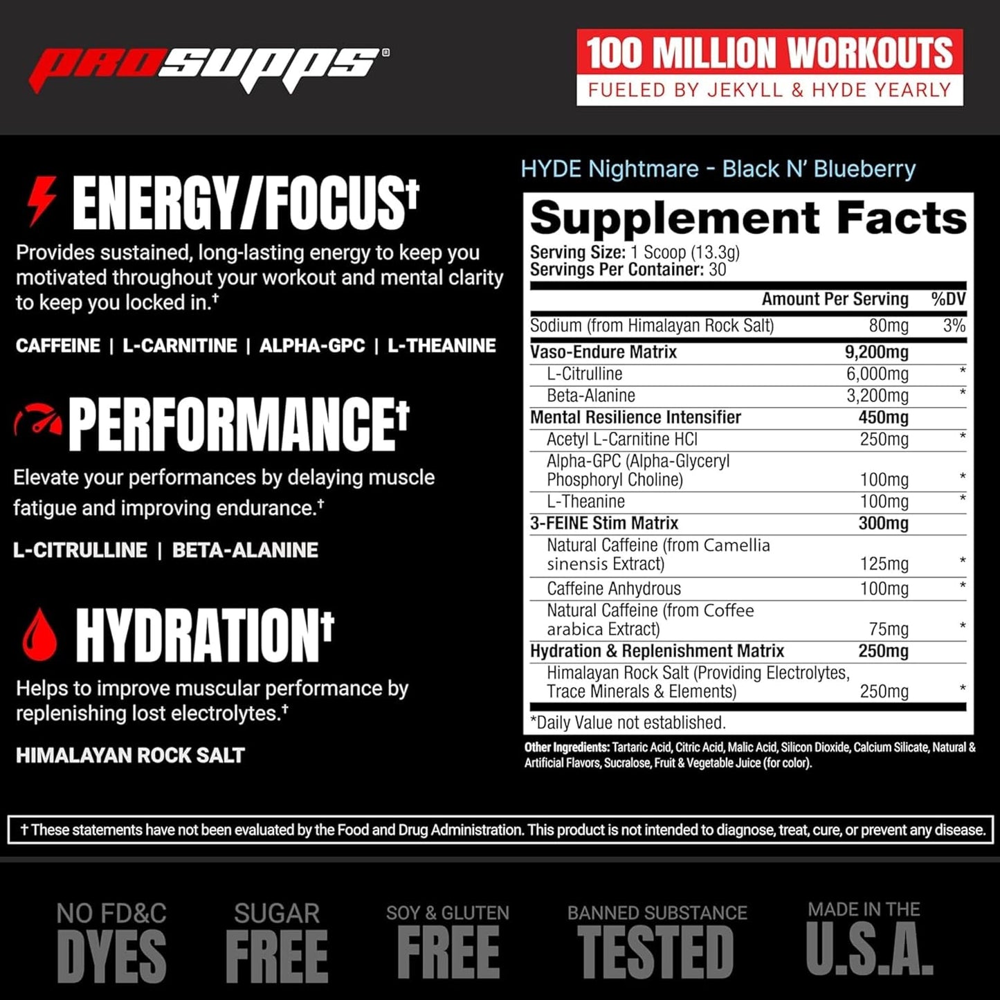 PROSUPPS Hyde Nightmare Pre-Workout Powder Energy Drink - Citrulline, Beta Alanine, & Nootropics for Intense Energy & Mental Focus (Blood Berry, 30 Servings)
