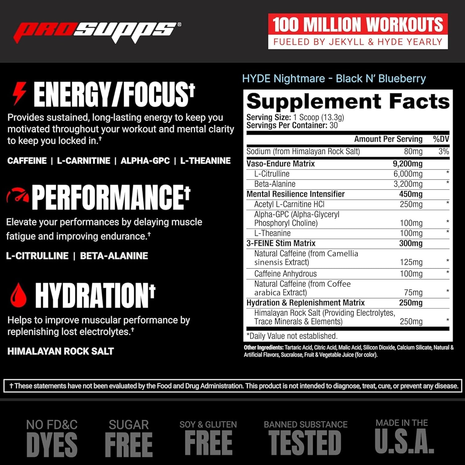 PROSUPPS Hyde Nightmare Pre-Workout Powder Energy Drink - Citrulline, Beta Alanine, & Nootropics for Intense Energy & Mental Focus (Blood Berry, 30 Servings)
