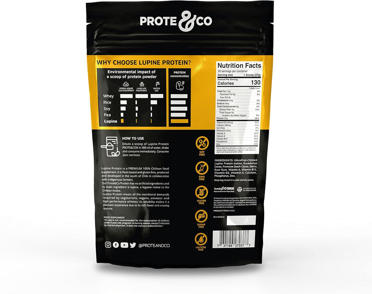Prote&co Lupine Protein Powder - 24g Plant Based Protein, Non-GMO, Soy-Free, Dairy-Free, Gluten-Free, Chocolate Flavored - 1.63 lb