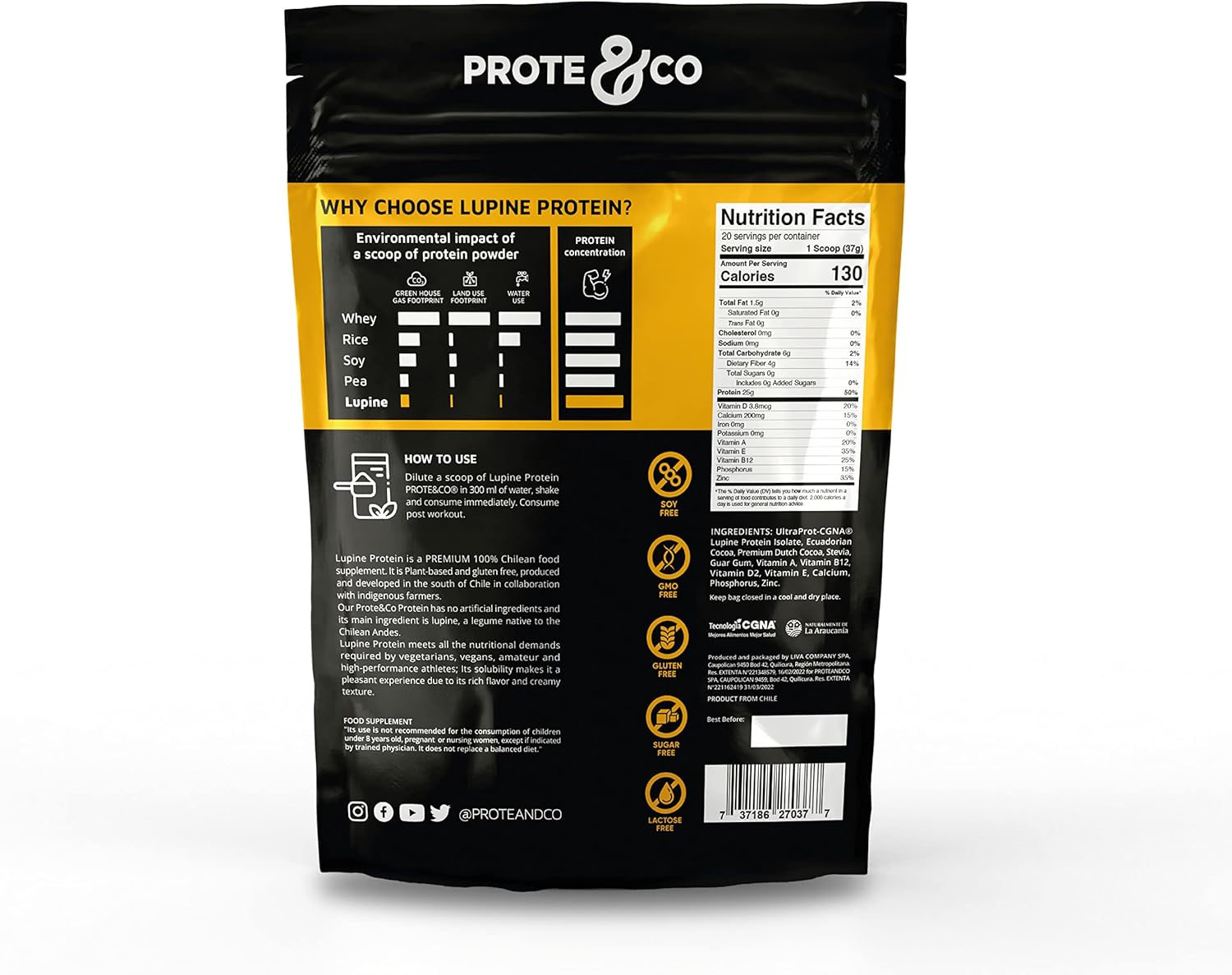 Prote&co Lupine Protein Powder - 24g Plant Based Protein, Non-GMO, Soy-Free, Dairy-Free, Gluten-Free, Chocolate Flavored - 1.63 lb