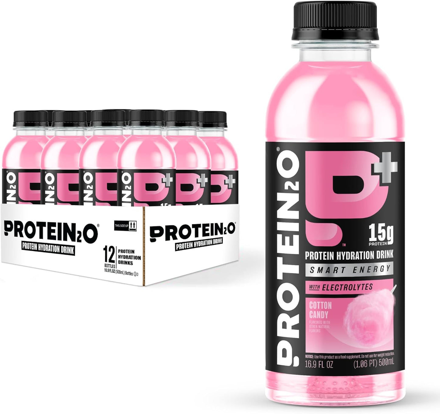 Protein2o Cotton Candy Hydration Drink with 15g Whey Protein Isolate, Electrolytes, B Vitamins, Sugar Free - 16.9 oz (Pack of 12)