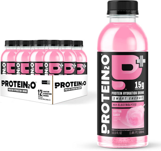 Protein2o Cotton Candy Hydration Drink with 15g Whey Protein Isolate, Electrolytes, B Vitamins, Sugar Free - 16.9 oz (Pack of 12)