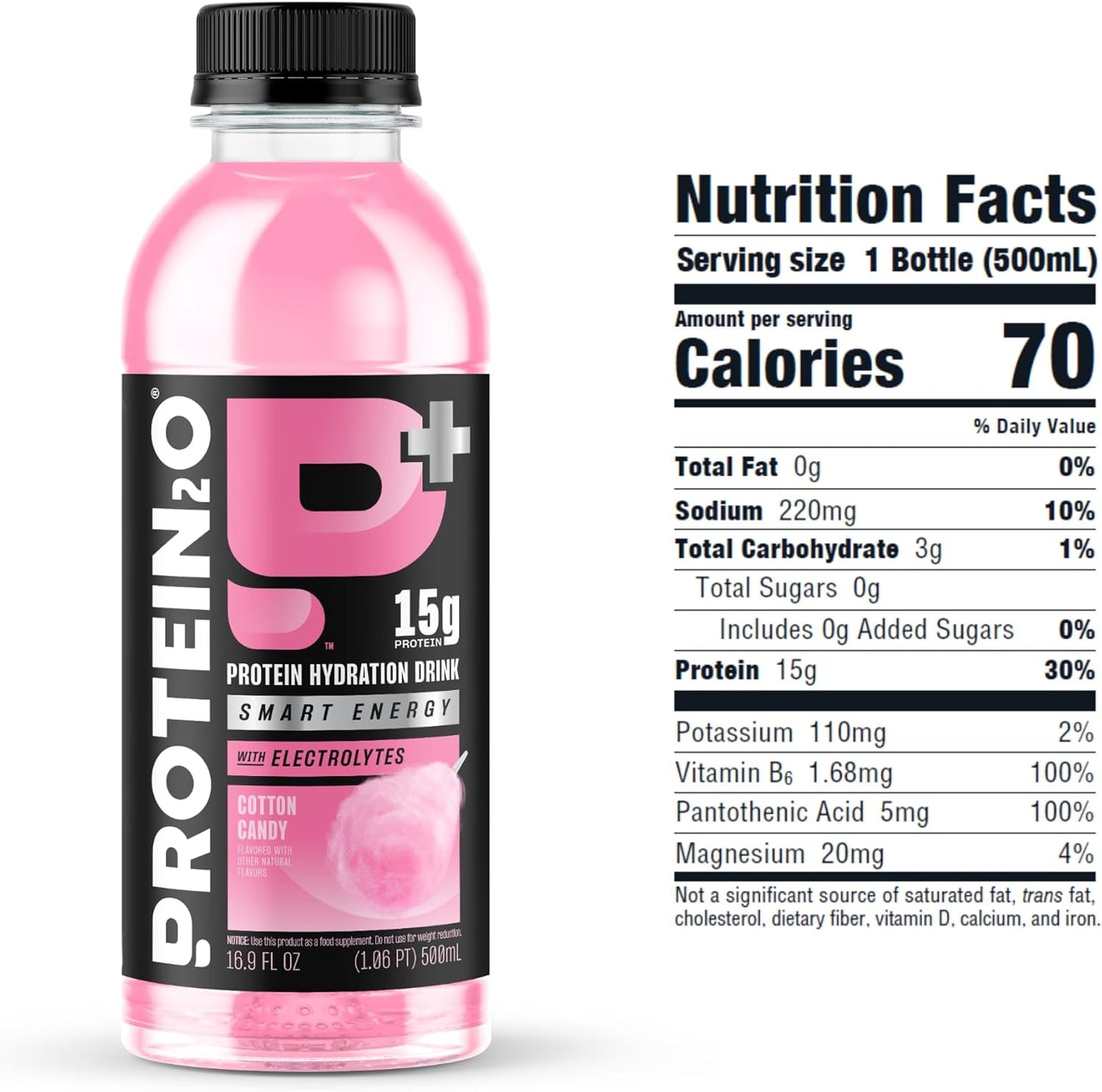 Protein2o Cotton Candy Hydration Drink with 15g Whey Protein Isolate, Electrolytes, B Vitamins, Sugar Free - 16.9 oz (Pack of 12)