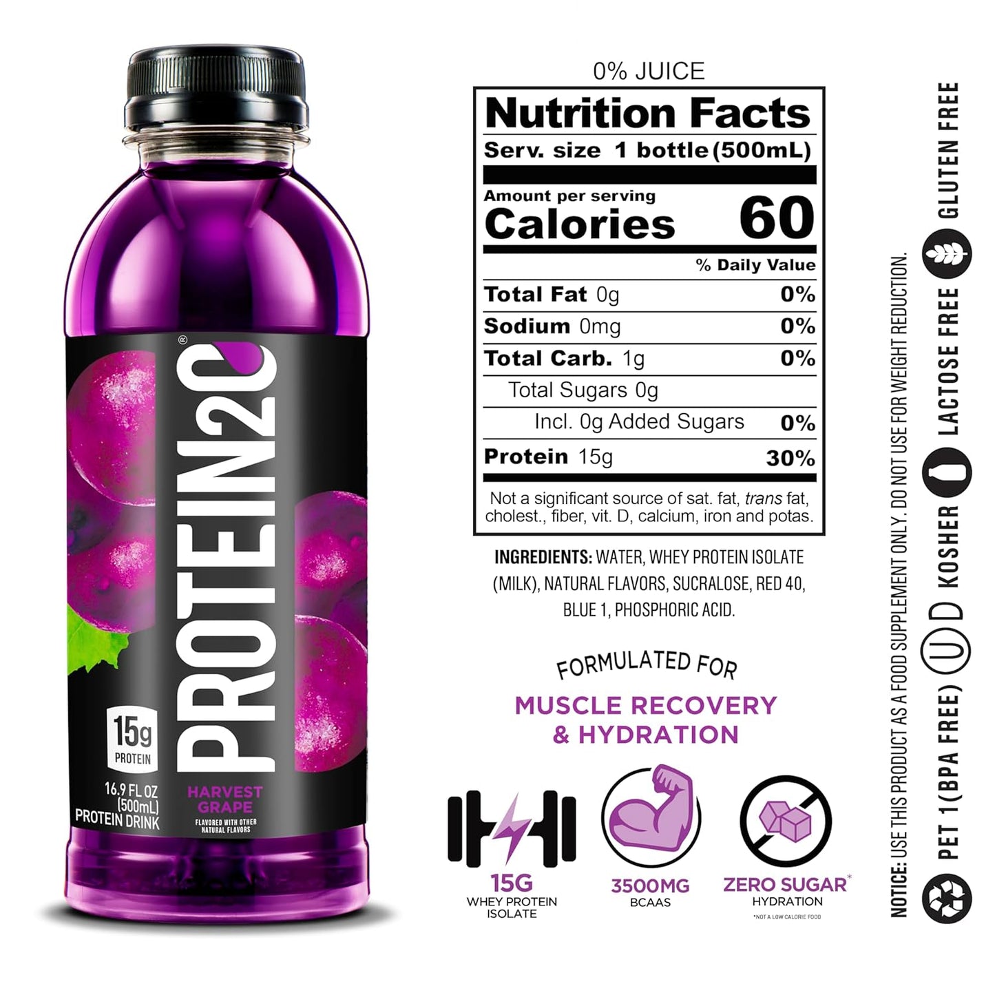 Protein2o Harvest Grape Infused Water, 15g Whey Protein, Ready-To-Drink, 16.9 oz Bottle, Sugar-Free, Gluten-Free, Lactose-Free - Pack of 12 - BoostGo Australia