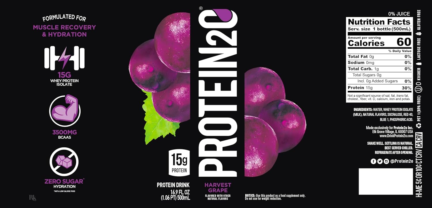 Protein2o Harvest Grape Infused Water, 15g Whey Protein, Ready-To-Drink, 16.9 oz Bottle, Sugar-Free, Gluten-Free, Lactose-Free - Pack of 12 - BoostGo Australia