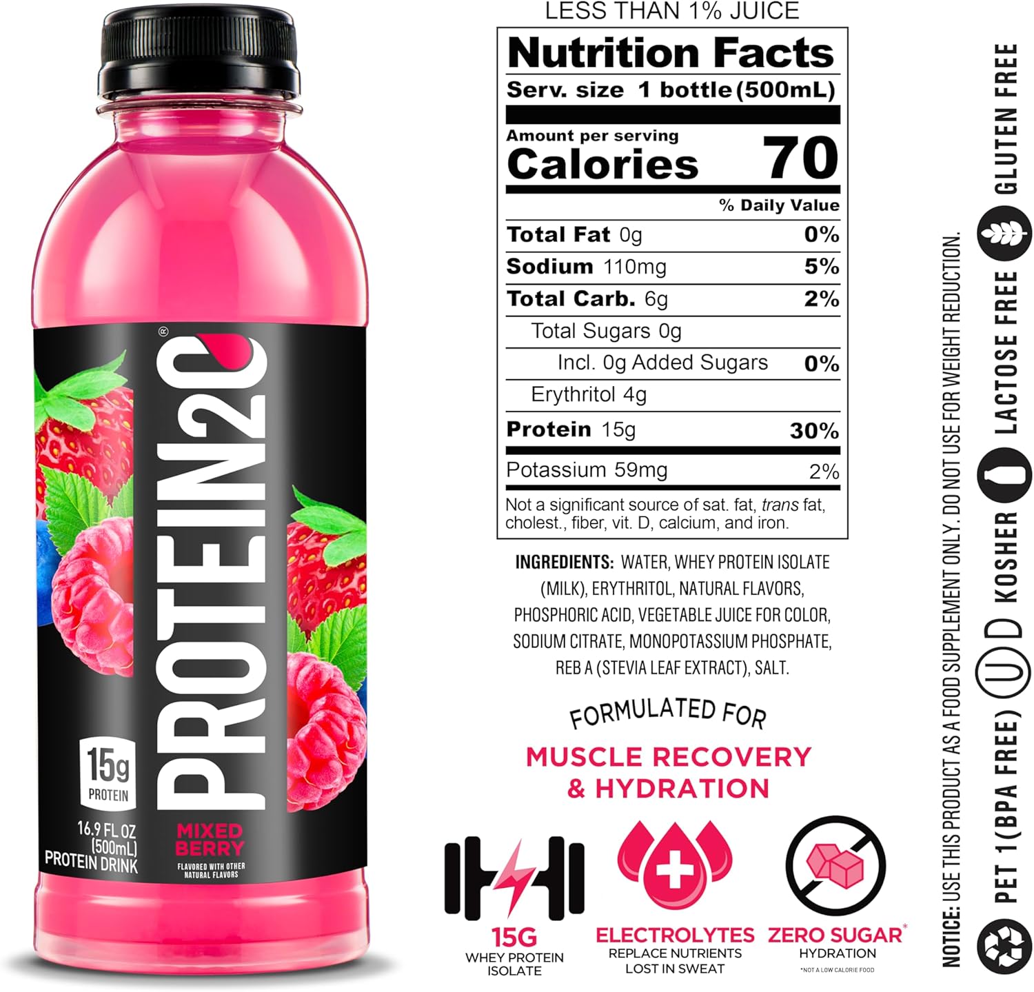 Protein2o Mixed Berry Whey Protein Water, 15g Protein, 16.9 oz Bottle - Pack of 12 - BoostGo Australia