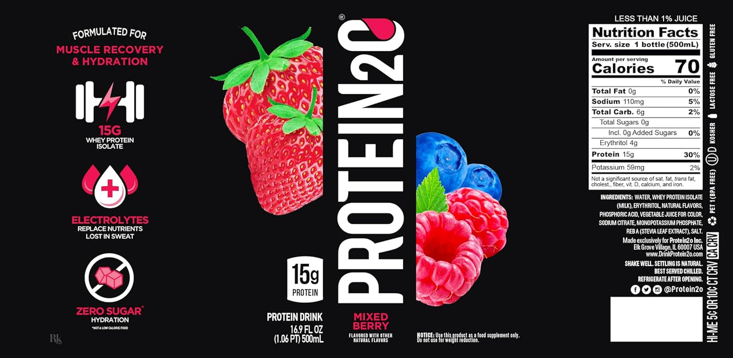 Protein2o Mixed Berry Whey Protein Water, 15g Protein, 16.9 oz Bottle - Pack of 12 - BoostGo Australia