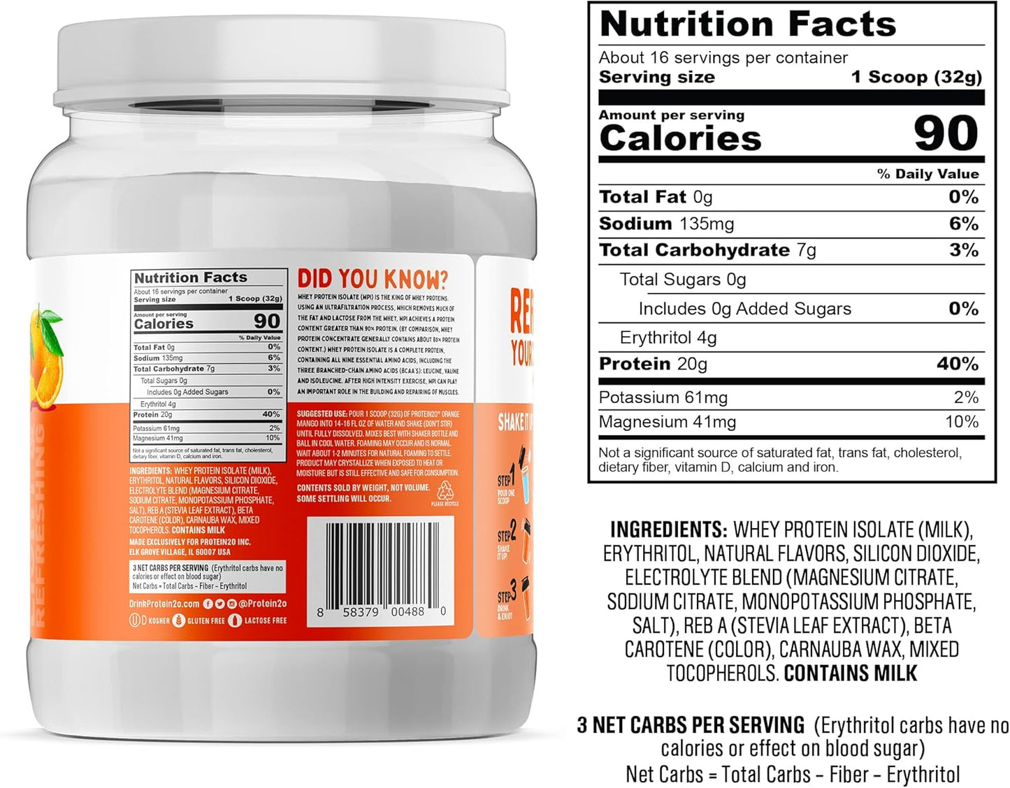 Protein2o Orange Mango Whey Protein Isolate Powder Tub - 20g Protein, Low Carb, Sugar-Free, Electrolytes - 16 Servings, 1.4lb - BoostGo Australia