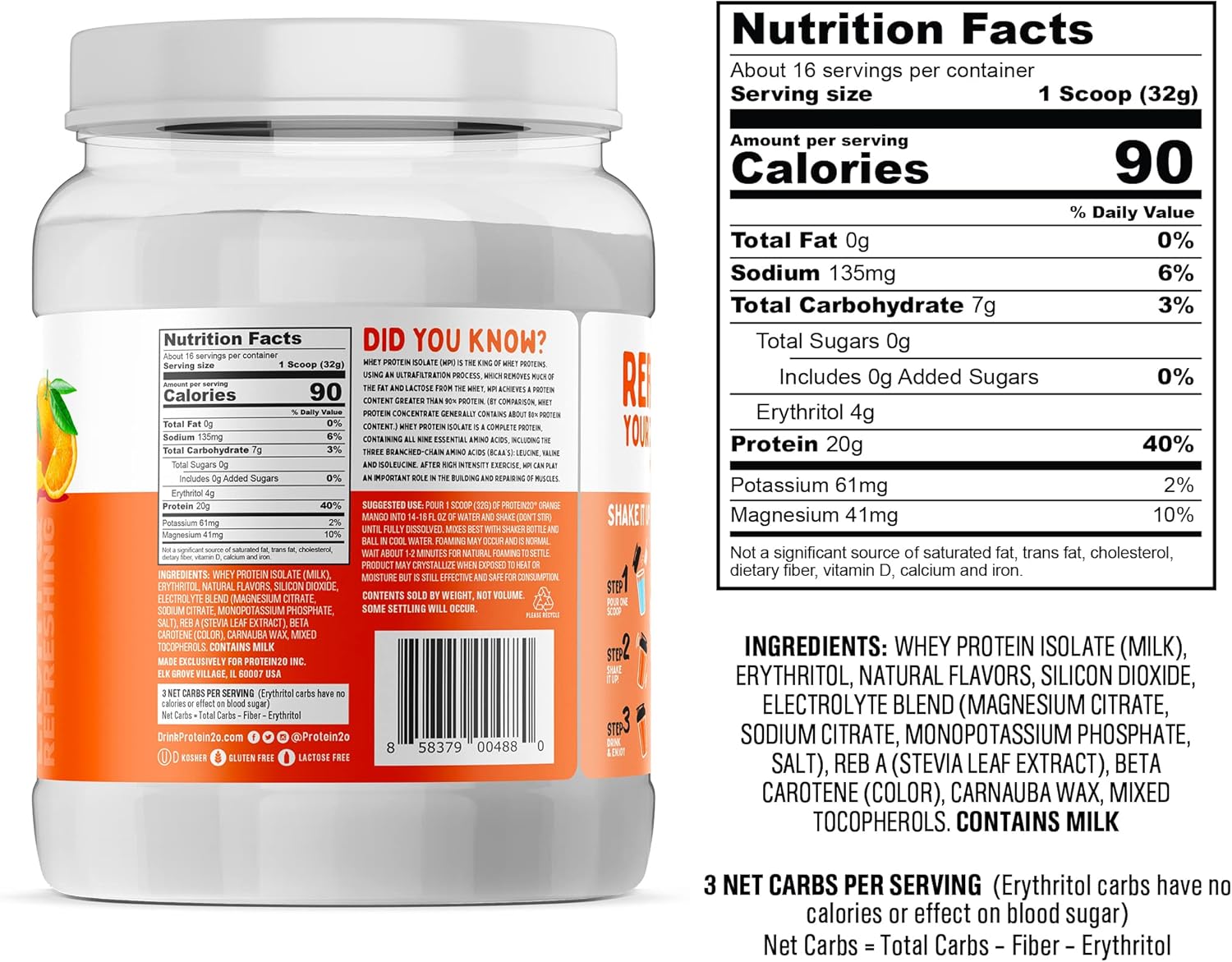 Protein2o Orange Mango Whey Protein Isolate Powder Tub - 20g Protein, Low Carb, Sugar-Free, Electrolytes - 16 Servings, 1.4lb - BoostGo Australia