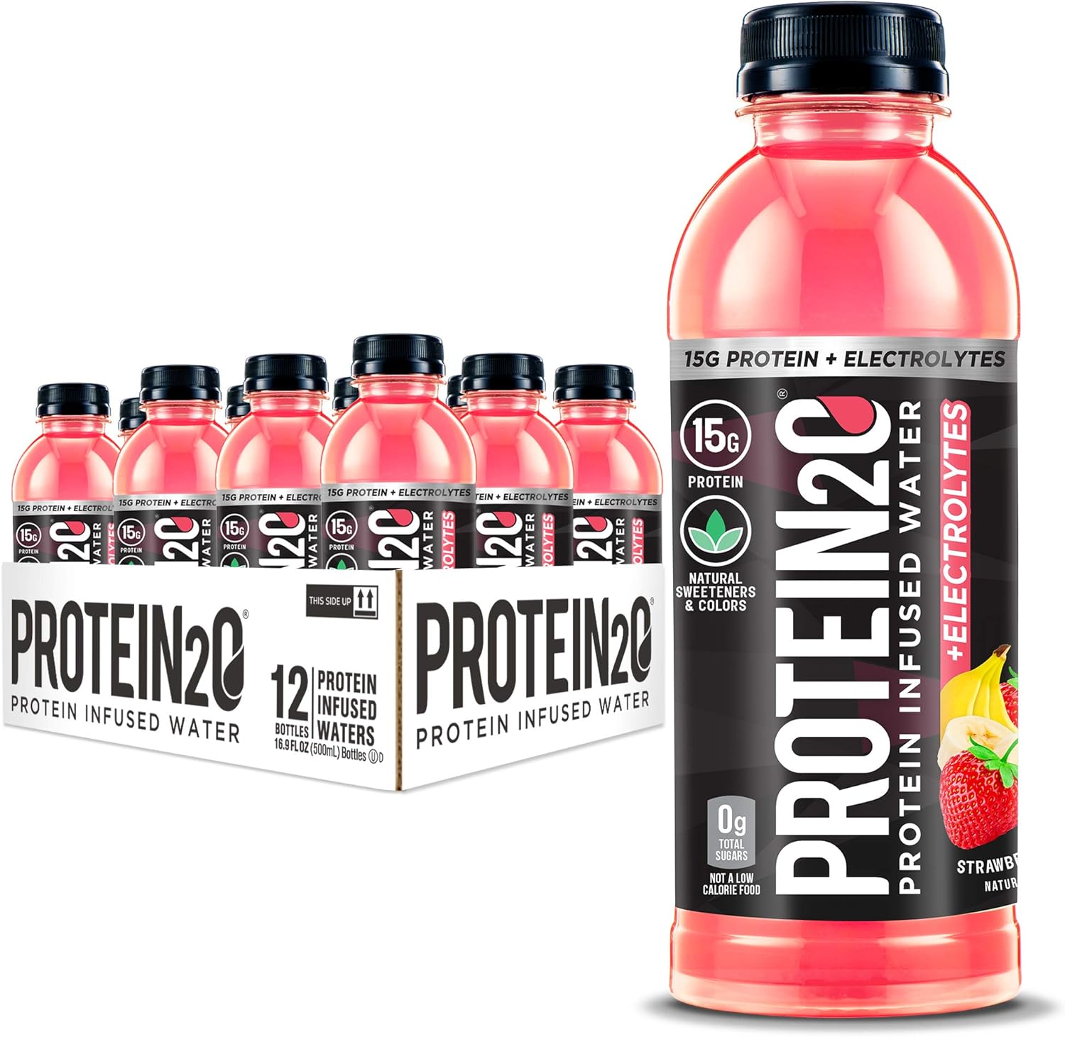 Protein2o Strawberry Banana Protein Infused Water with Electrolytes - 15g Whey Protein Isolate, Low Calorie, 16.91 fl oz (12 pack)