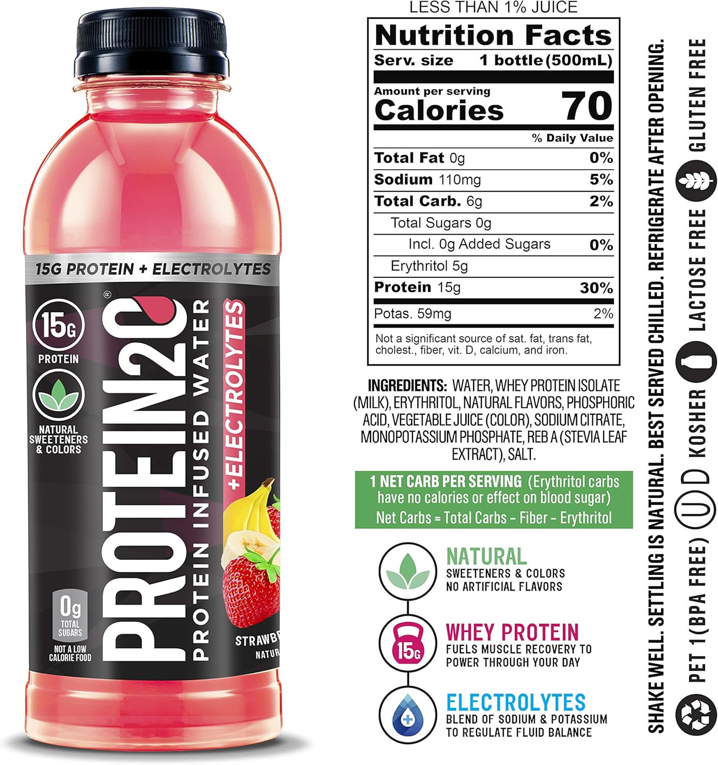 Protein2o Strawberry Banana Protein Infused Water with Electrolytes - 15g Whey Protein Isolate, Low Calorie, 16.91 fl oz (12 pack)