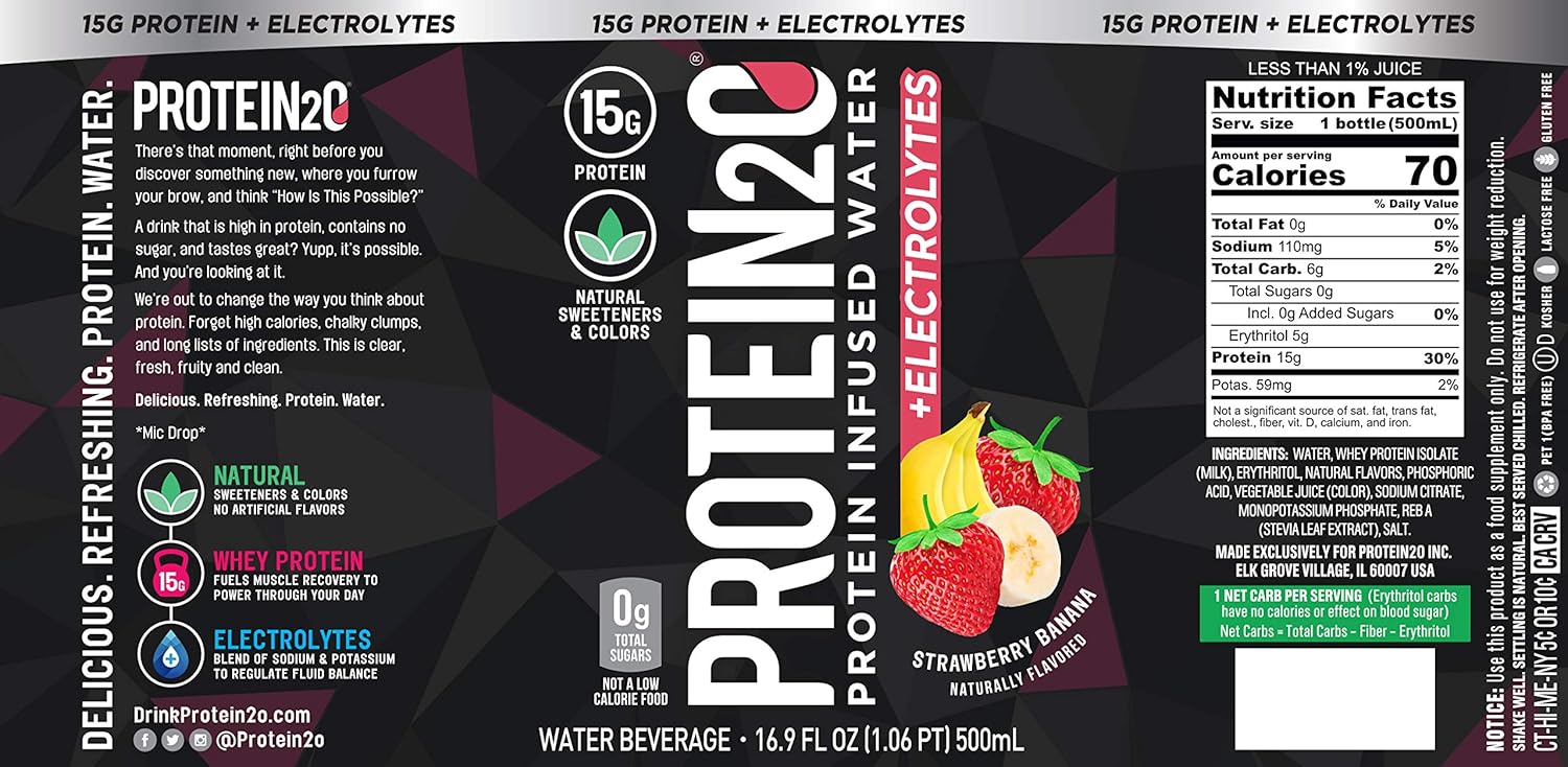 Protein2o Strawberry Banana Protein Infused Water with Electrolytes - 15g Whey Protein Isolate, Low Calorie, 16.91 fl oz (12 pack)