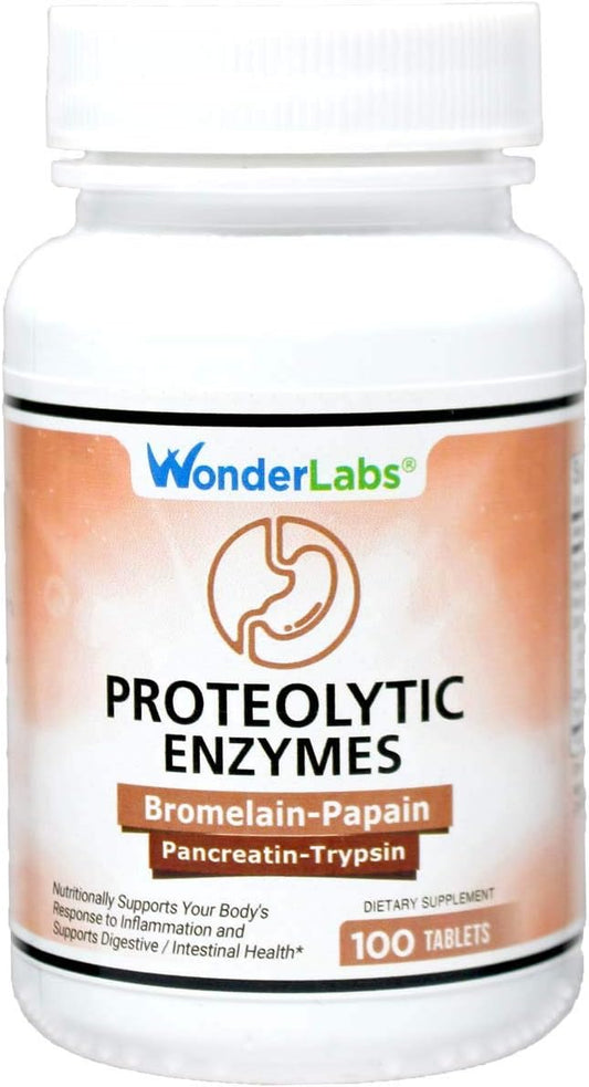 Proteolytic Enzymes Supplement - 550mg Total with Bromelain, Papain, Pancreatin, Trypsin - 100 Tablets