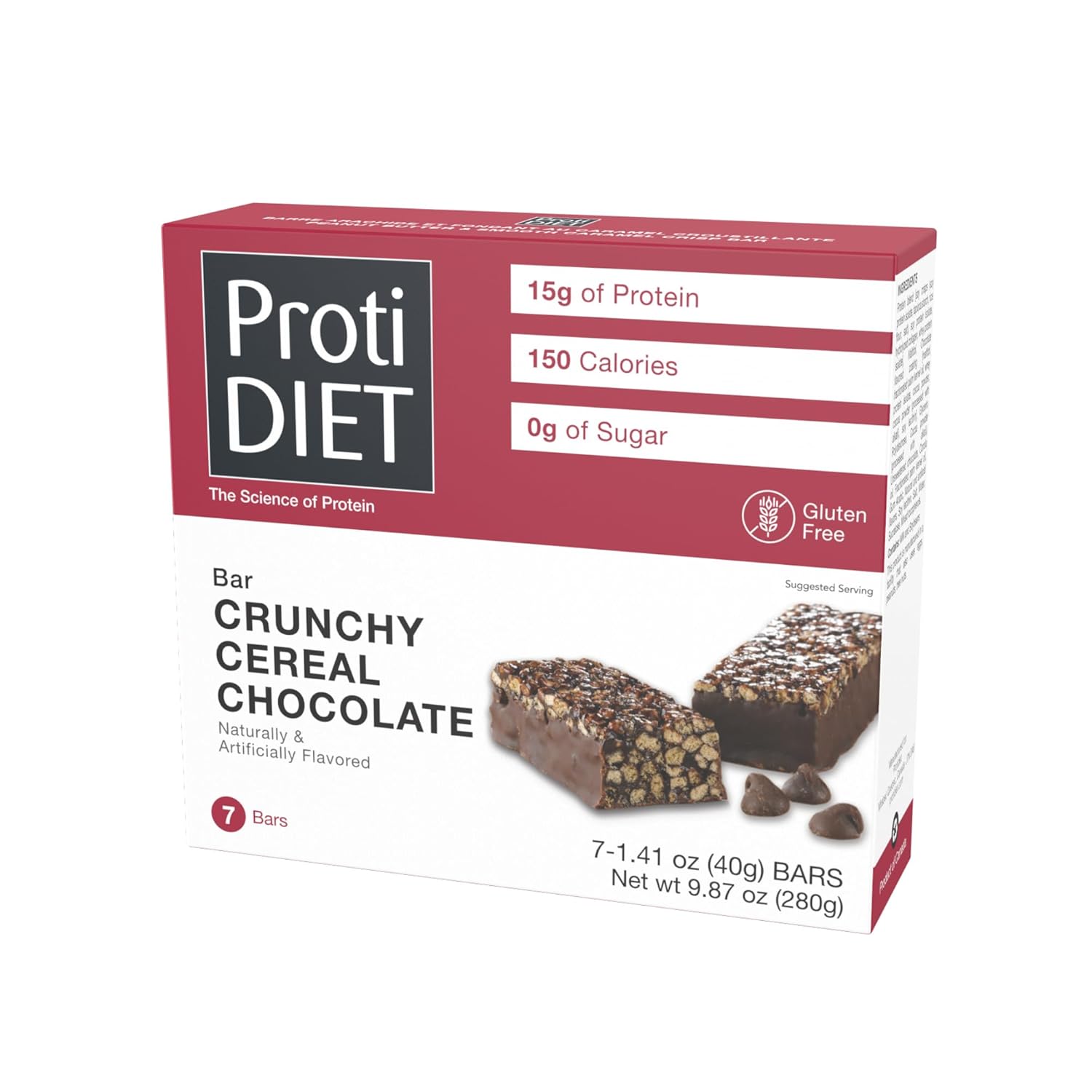 ProtiDIET Chocolate Fiber Protein Bars - Gluten Free Crunchy Cereal Bars, High Protein Snacks for On-the-Go Nutrition - 7 Bars