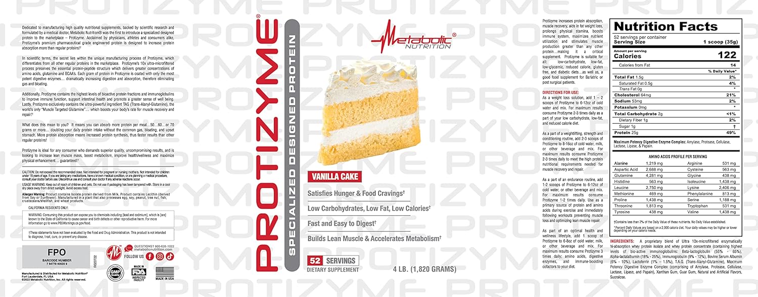 Protizyme Whey Protein Powder - High Protein, Low Carb, Low Fat, with Digestive Enzymes, Vitamins, and Minerals - 4lb (52 servings)