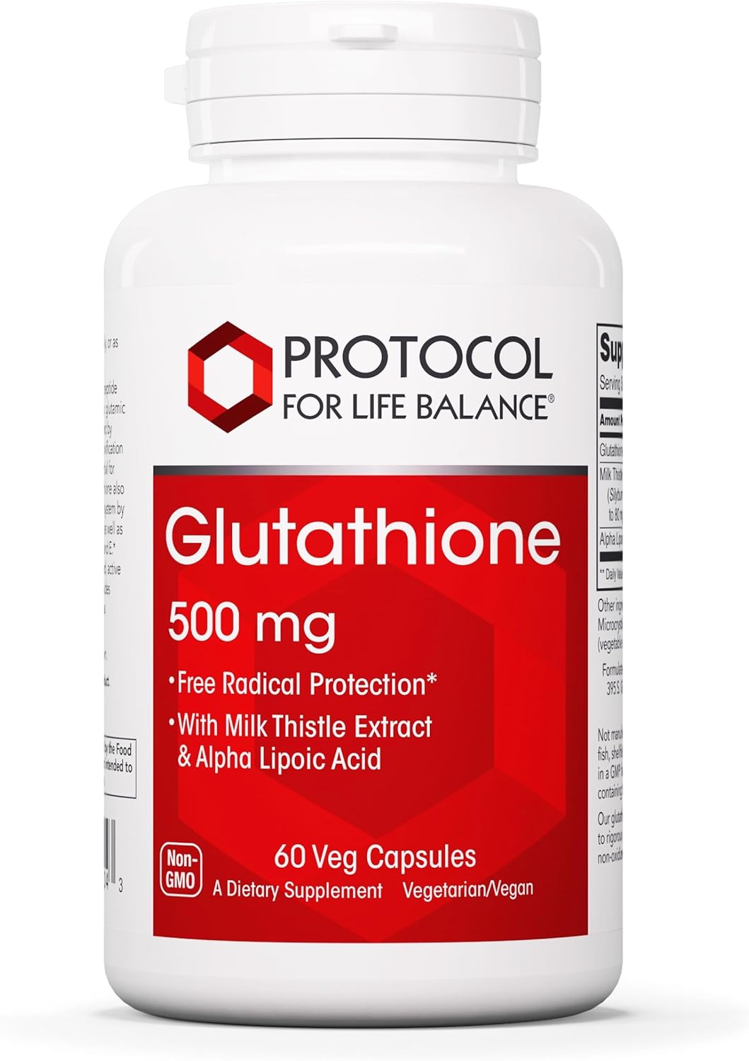 Protocol Glutathione 500mg with Milk Thistle and Alpha-Lipoic Acid - 60 Vegetarian Capsules for Health Balance