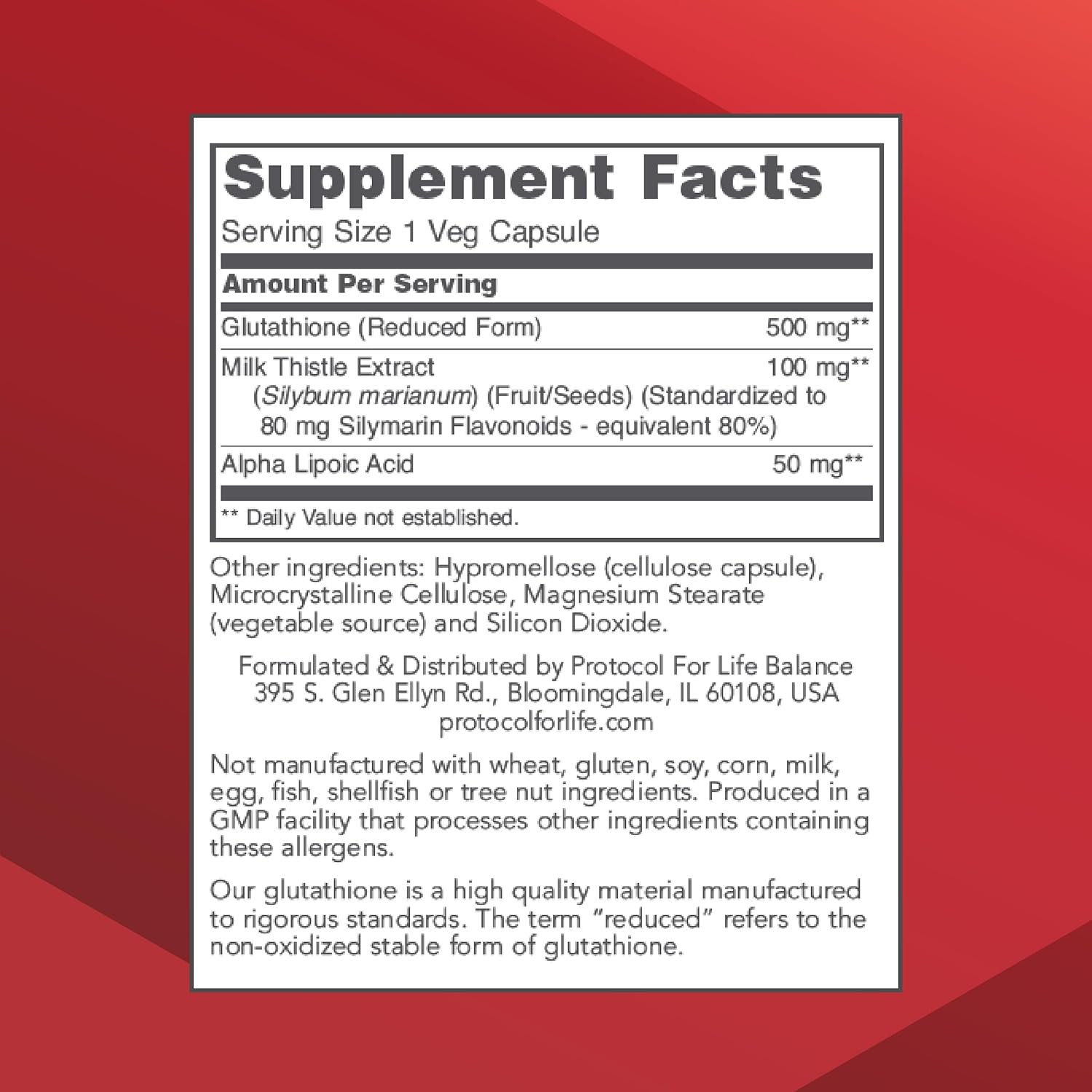 Protocol Glutathione 500mg with Milk Thistle and Alpha-Lipoic Acid - 60 Vegetarian Capsules for Health Balance