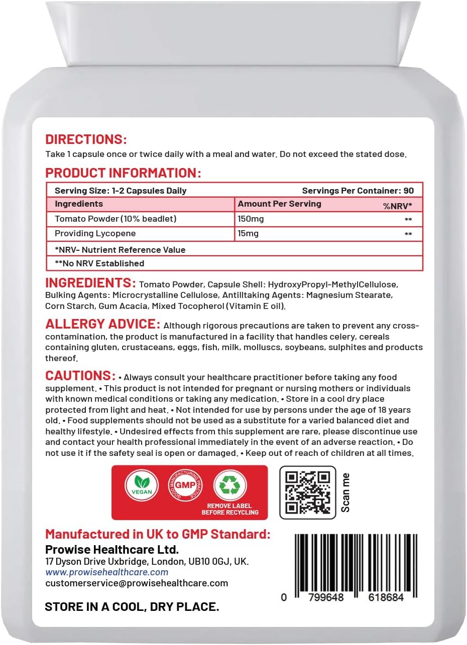 Prowise Healthcare Lycopene 10% Beadlet 15mg Capsules - 90 Count - UK Made, GMP Certified - Vegetarian/Vegan Friendly