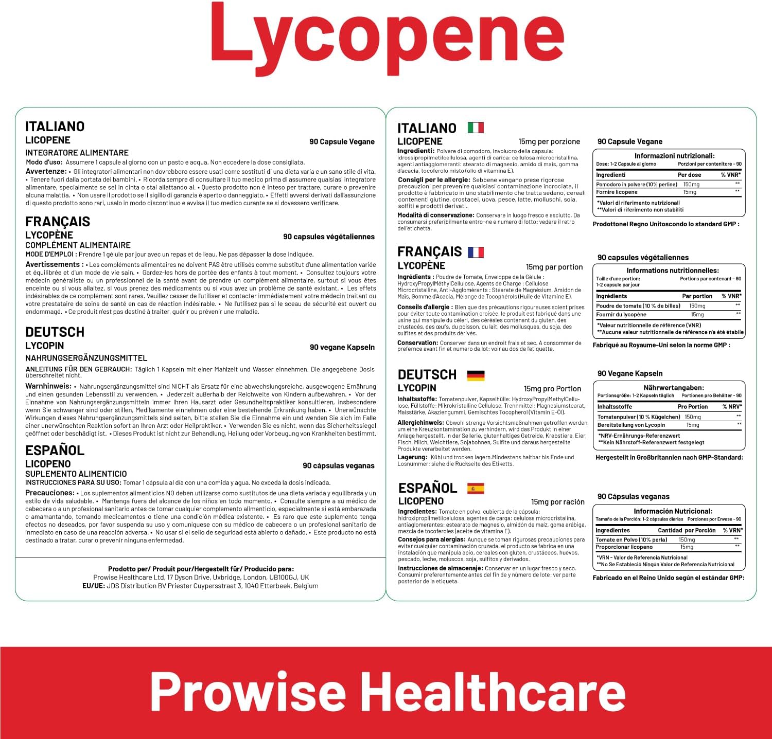 Prowise Healthcare Lycopene 10% Beadlet 15mg Capsules - 90 Count - UK Made, GMP Certified - Vegetarian/Vegan Friendly