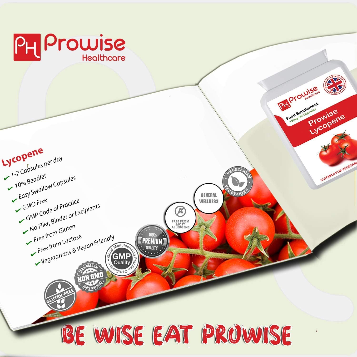 Prowise Healthcare Lycopene 10% Beadlet 15mg Capsules - 90 Count - UK Made, GMP Certified - Vegetarian/Vegan Friendly