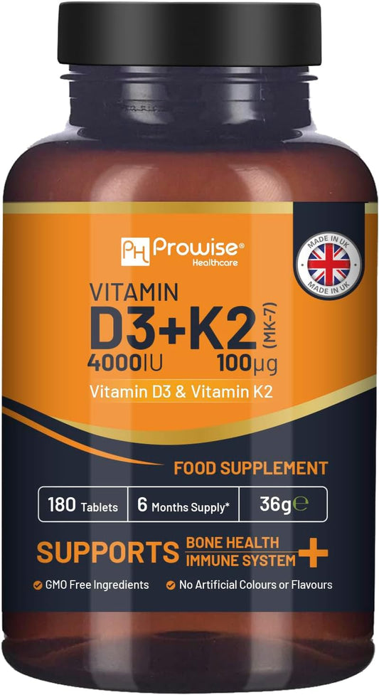 Prowise Healthcare Vitamin D3 4000IU & K2 MK7 100µg Vegetarian Tablets - 180 Tablets - Made in UK - Immune Support & Bone Health