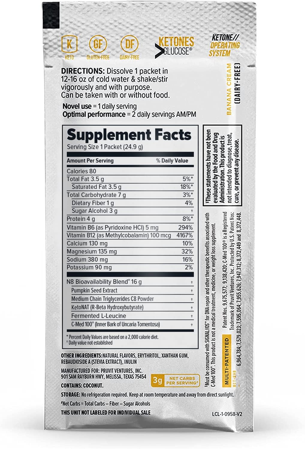 Pruvit Keto//OS Pro Banana Cream + MCT Ketones - Energy Boost & Anti-Aging Supplement - 20 Packets
