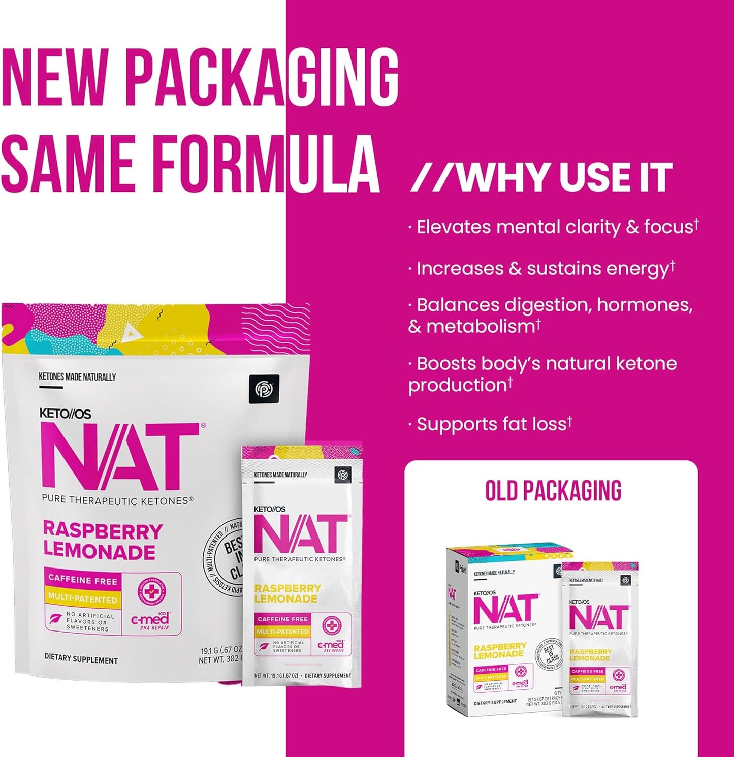 PRÜVIT Keto//OS NAT® Raspberry Lemonade Exogenous Ketones BHB Salts Supplement - Caffeine Free Energy Boost for Workout - Keto Supplement for Men and Women (20 Count)