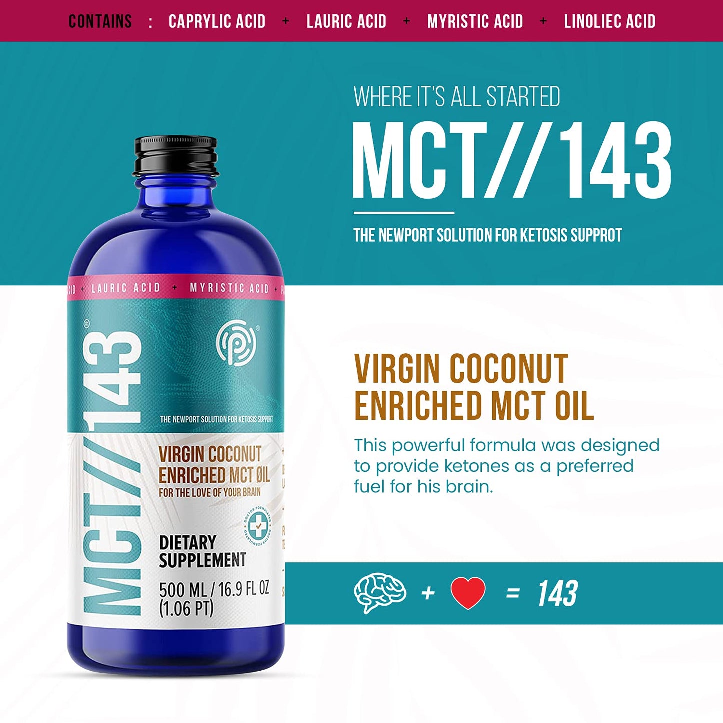PRÜVIT MCT//143 Virgin Coconut Enriched MCT Oil 16.9 OZ - Pure Ketogenic Energy Boost