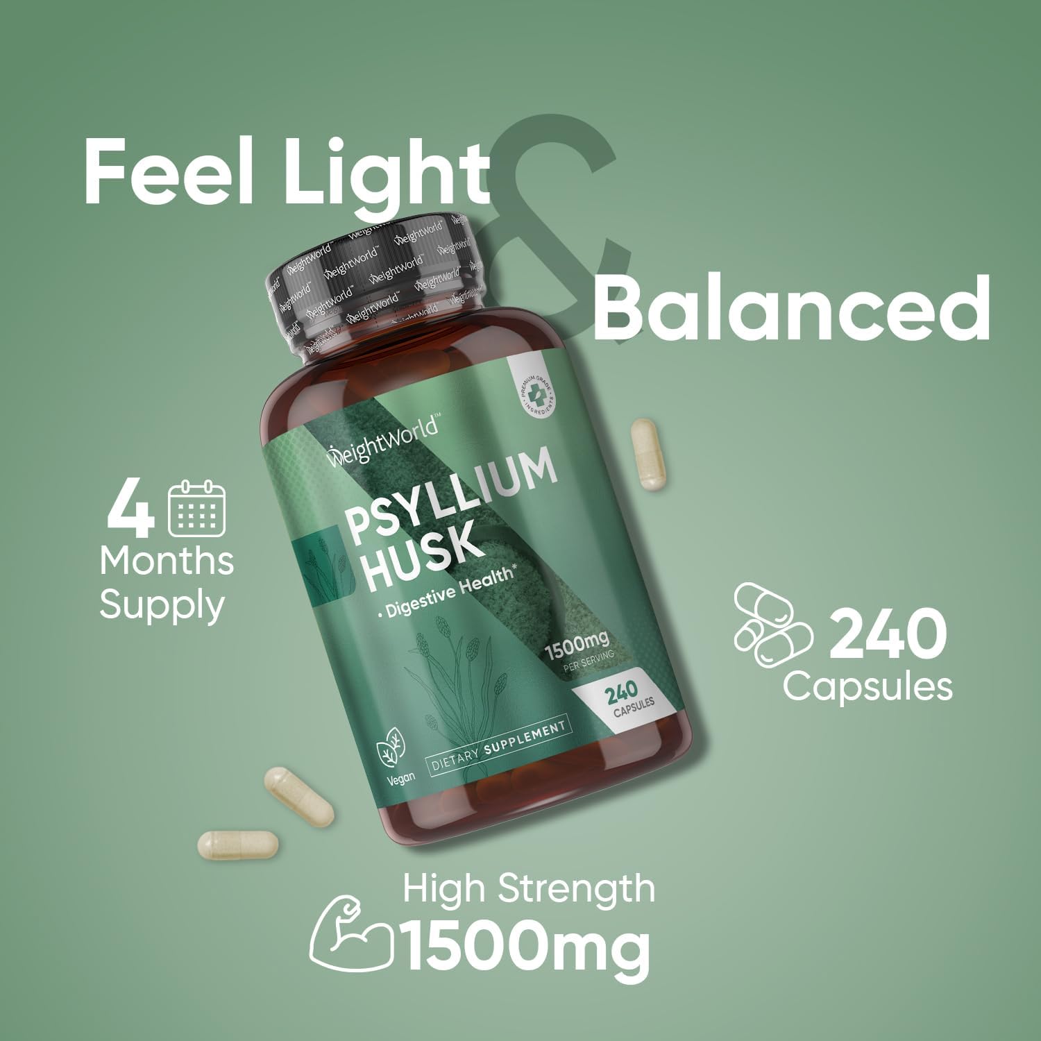 Psyllium Husk Capsules 1500mg - 240 Vegan Capsules for Digestive Health - Non-GMO & GMP-Approved Fiber Supplement