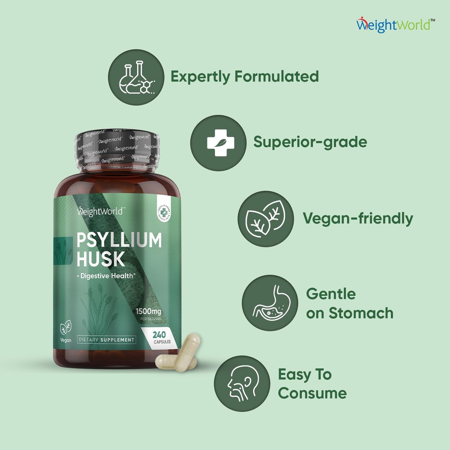 Psyllium Husk Capsules 1500mg - 240 Vegan Capsules for Digestive Health - Non-GMO & GMP-Approved Fiber Supplement