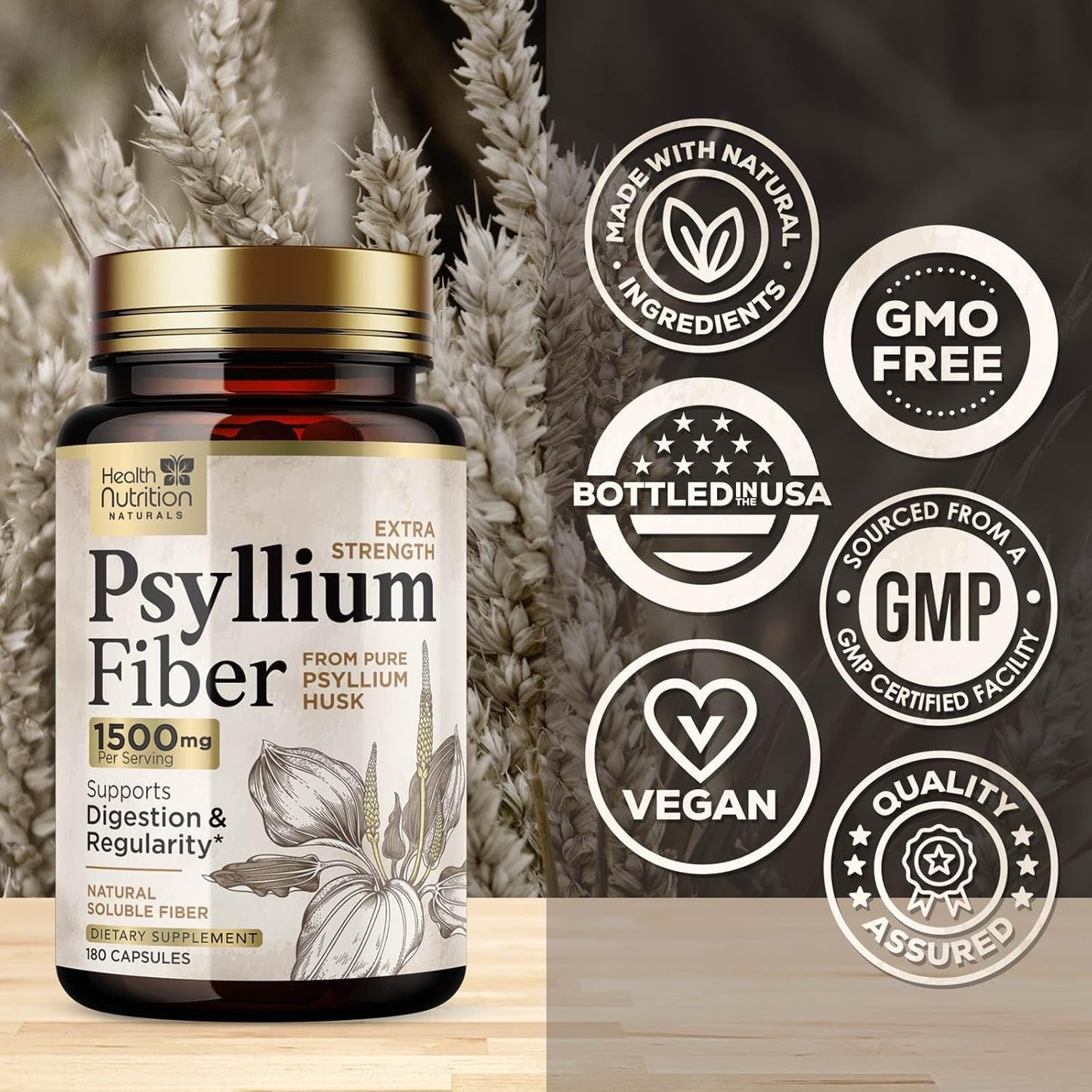 Psyllium Husk Fiber Capsules 1500mg - Daily Digestive Health Support - Natural Plant Based Soluble Fiber Supplement - Non-GMO - 180 Capsules - BoostGo Australia