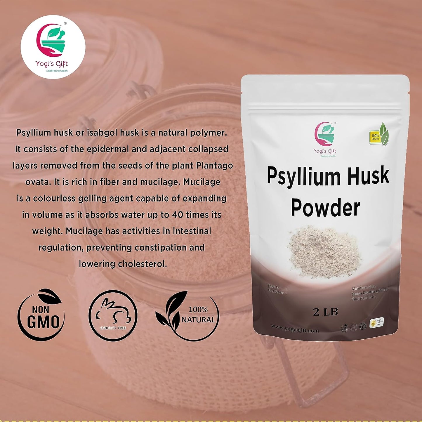 Psyllium Husk Powder 2 lb by Yogi's Gift® - 98% Purity, Premium Quality, 100% Natural Fine Ground, Non GMO - Ideal for Baking, Cooking, and Beverages