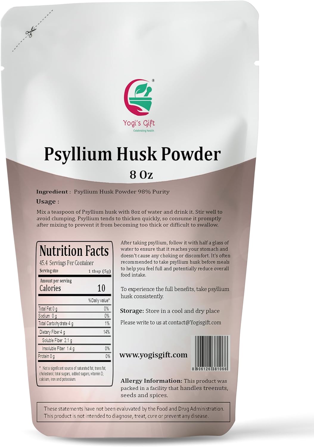 Psyllium Husk Powder 8 oz | 98% Purity | Unflavored & Fine Ground | Non-GMO | Keto Friendly Fiber Supplement from Yogi's Gift®