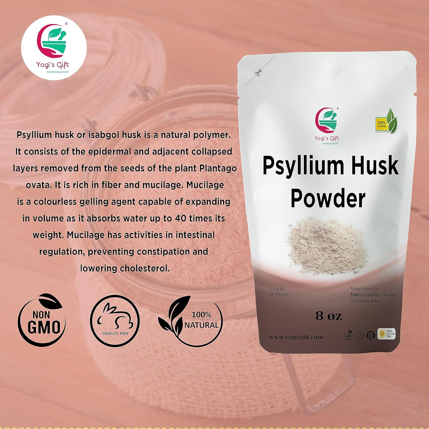 Psyllium Husk Powder 8 oz | 98% Purity | Unflavored & Fine Ground | Non-GMO | Keto Friendly Fiber Supplement from Yogi's Gift®
