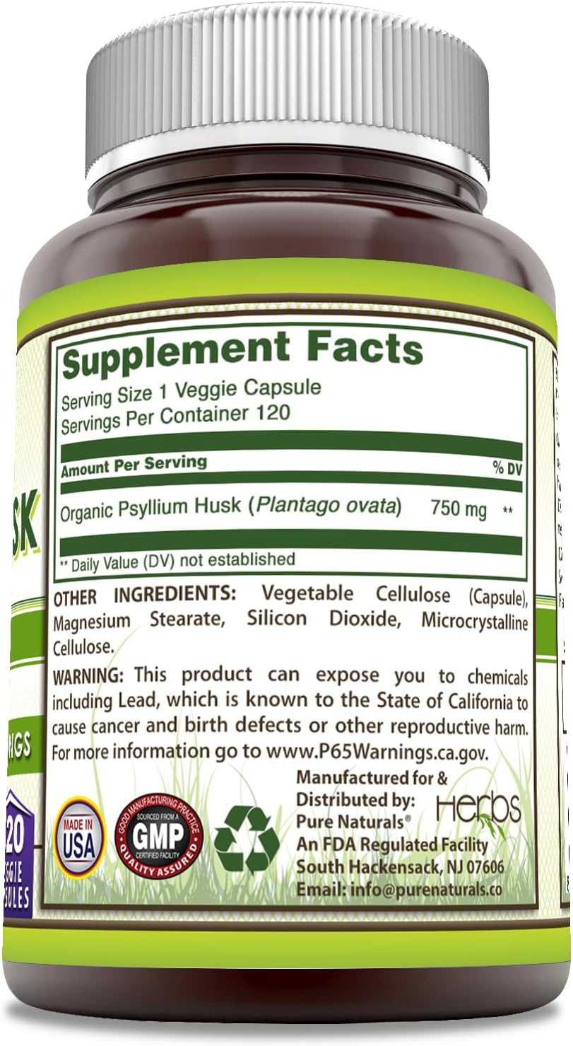 Psyllium Husk Supplement 750mg - Veggie Capsules - Non-GMO & Gluten-Free - Made in USA - 120 Count