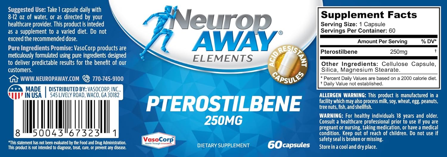 Pterostilbene Neuro Support Supplement - 60 Acid Resistant Capsules - NeuropAWAY Formula