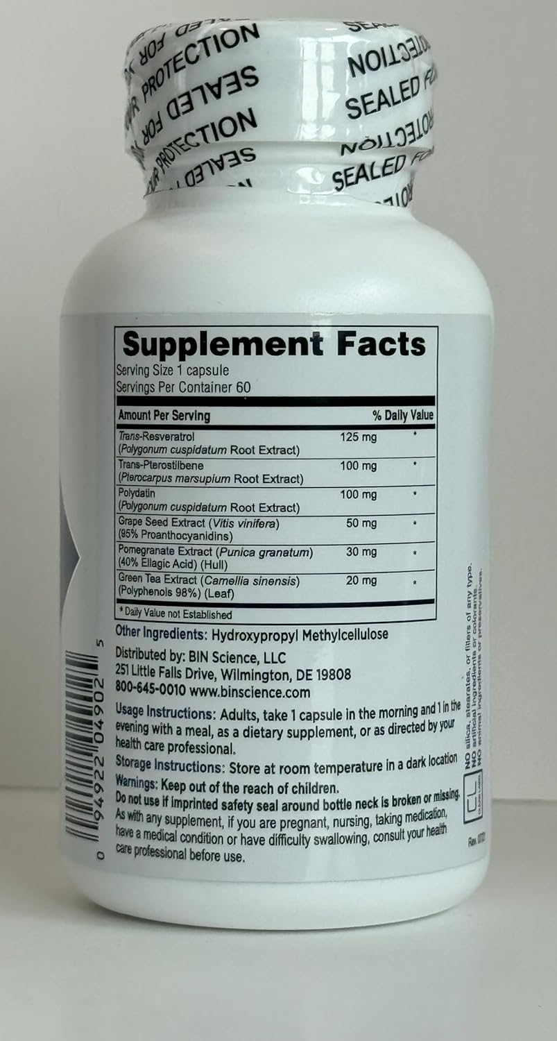Pterostilbene & Trans-Resveratrol Capsules for Cognitive Health - 60 Vegan Capsules with Pomegranate, Grape Seed, and Green Tea