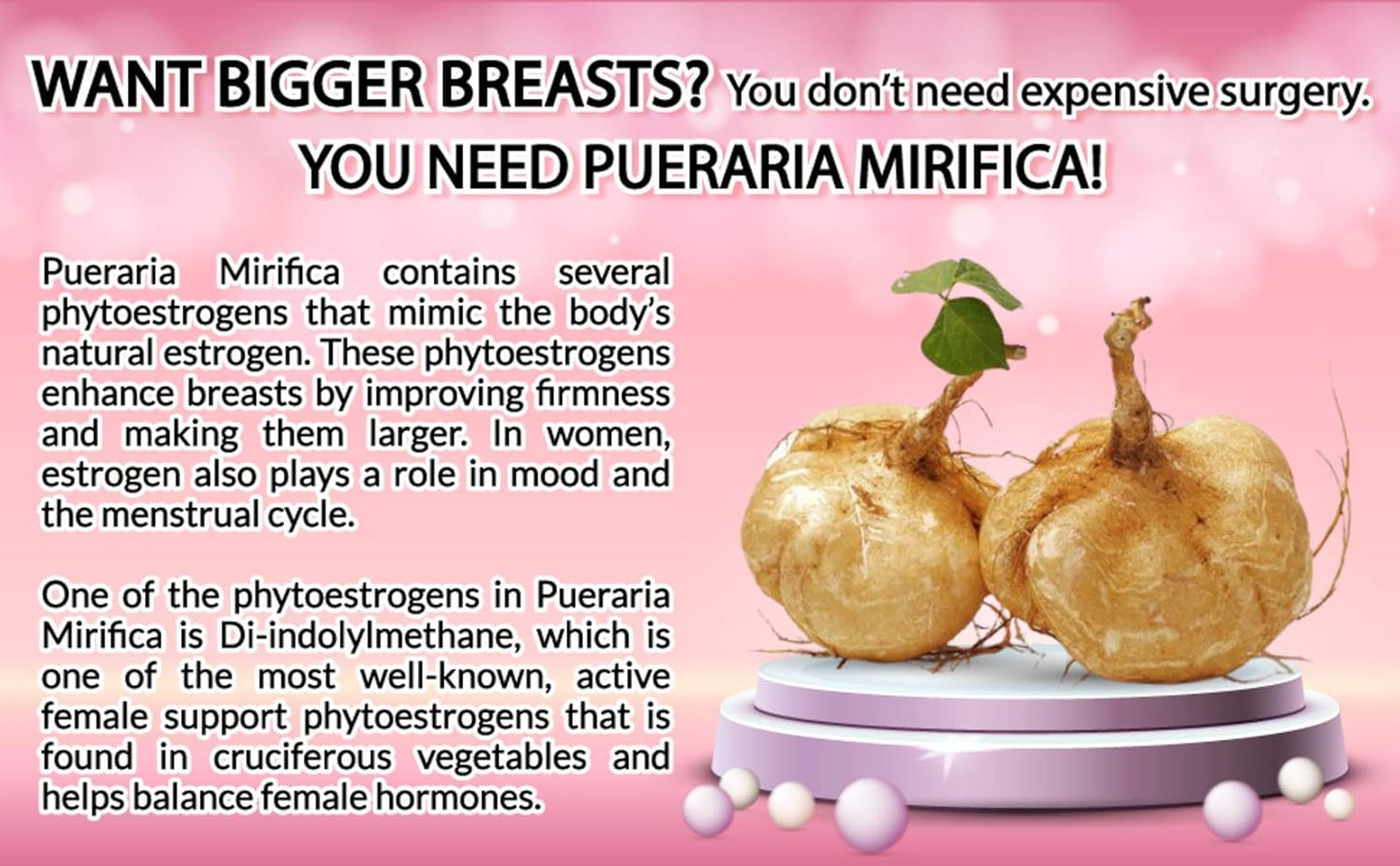 Pueraria Mirifica Breast Enhancement Capsules 5000mg - Natural Breast Growth Pills for Women - Menopause & Vaginal Health - 90 Vegan Capsules