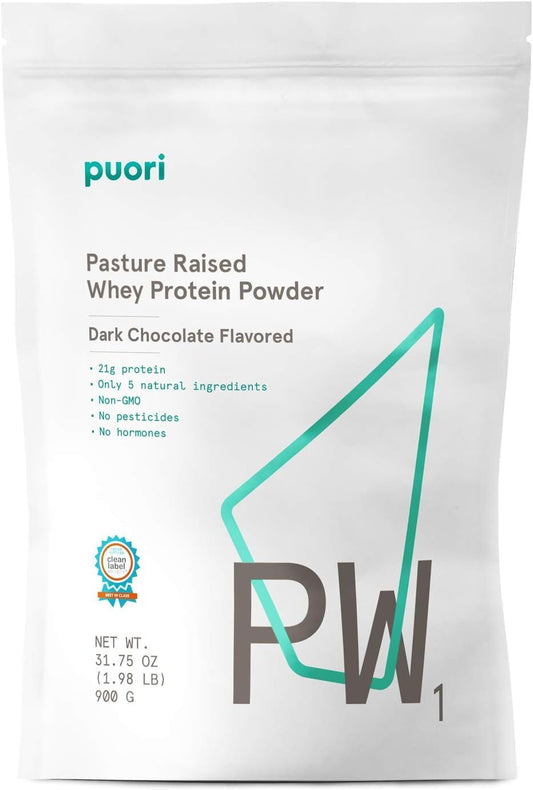 Puori Dark Chocolate Whey Protein Powder - PW1 Pasture Raised, Grass-Fed & Non-GMO - 100% Natural for Muscle Growth - 21g Protein 1.98lbs - Gluten-Free