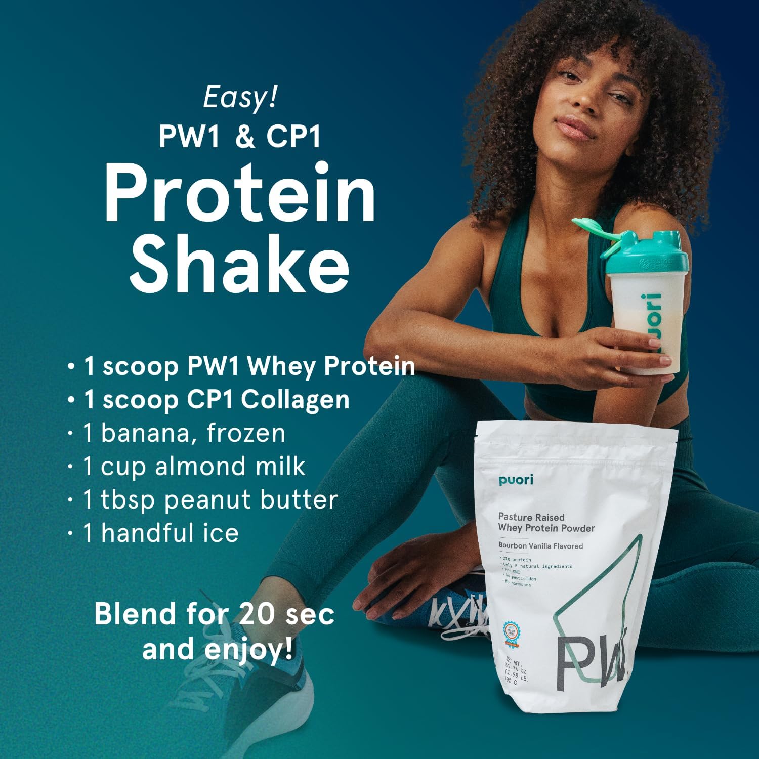 Puori Dark Chocolate Whey Protein Powder - PW1 Pasture Raised, Grass-Fed & Non-GMO - 100% Natural for Muscle Growth - 21g Protein 1.98lbs - Gluten-Free
