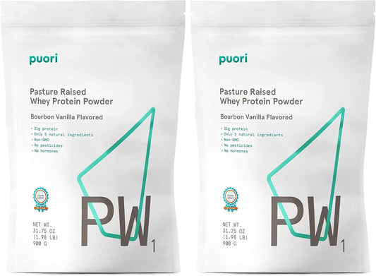 Puori PW1 Whey Protein Powder Bourbon Vanilla 1.98lbs - Grass-Fed, Non-GMO, 100% Natural for Muscle Growth - Pack of 2