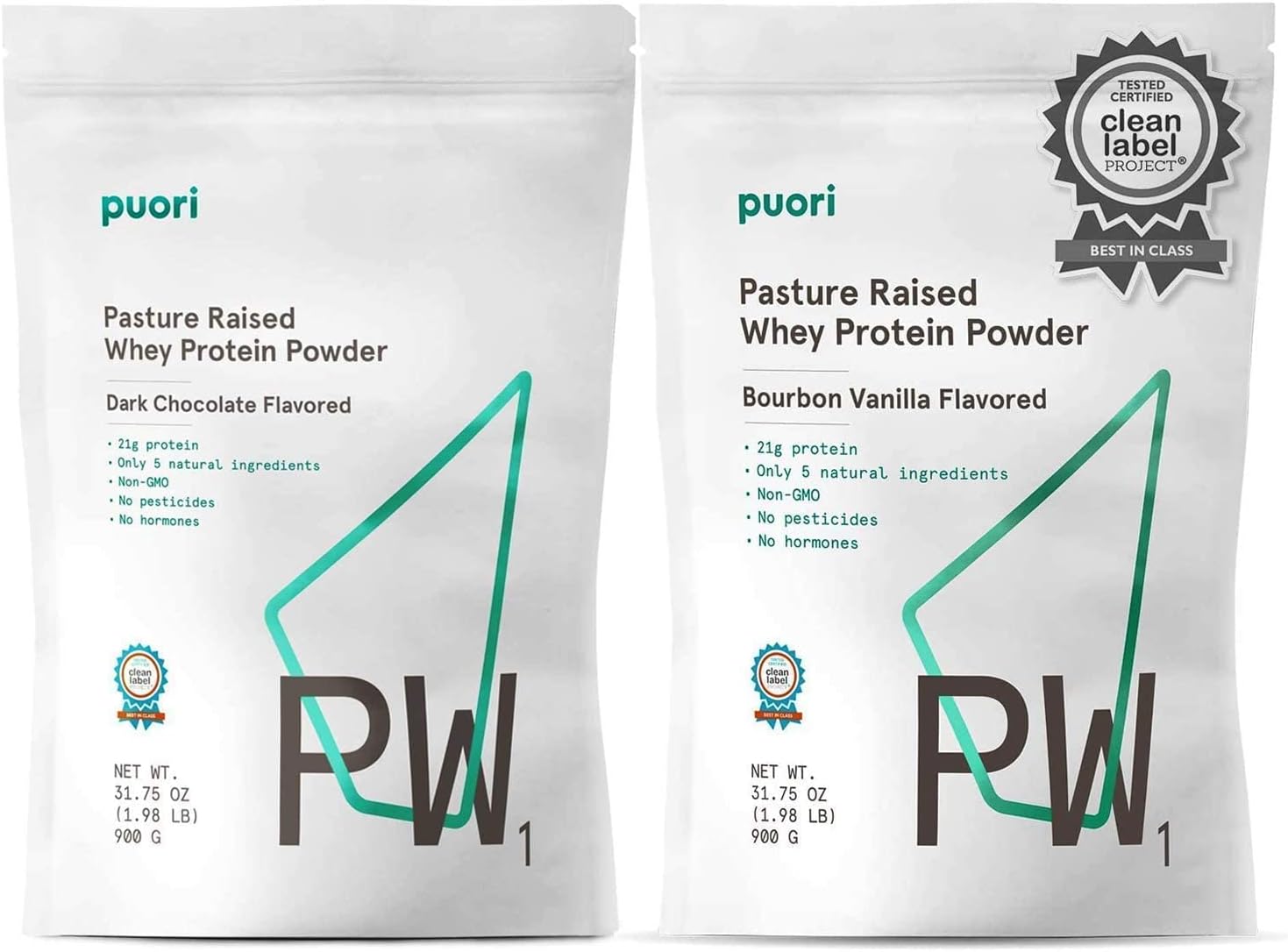 Puori PW1 Whey Protein Powder Bundle - Dark Chocolate & Bourbon Vanilla Flavors - Pasture-Raised Grass-Fed Non-GMO - 100% Natural for Muscle Growth - 21g Protein