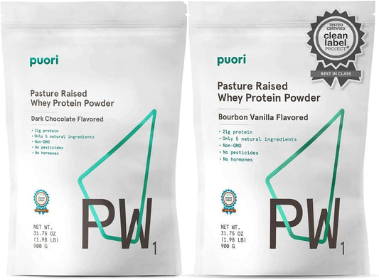Puori PW1 Whey Protein Powder Bundle - Dark Chocolate & Bourbon Vanilla Flavors - Pasture-Raised Grass-Fed Non-GMO - 100% Natural for Muscle Growth - 21g Protein