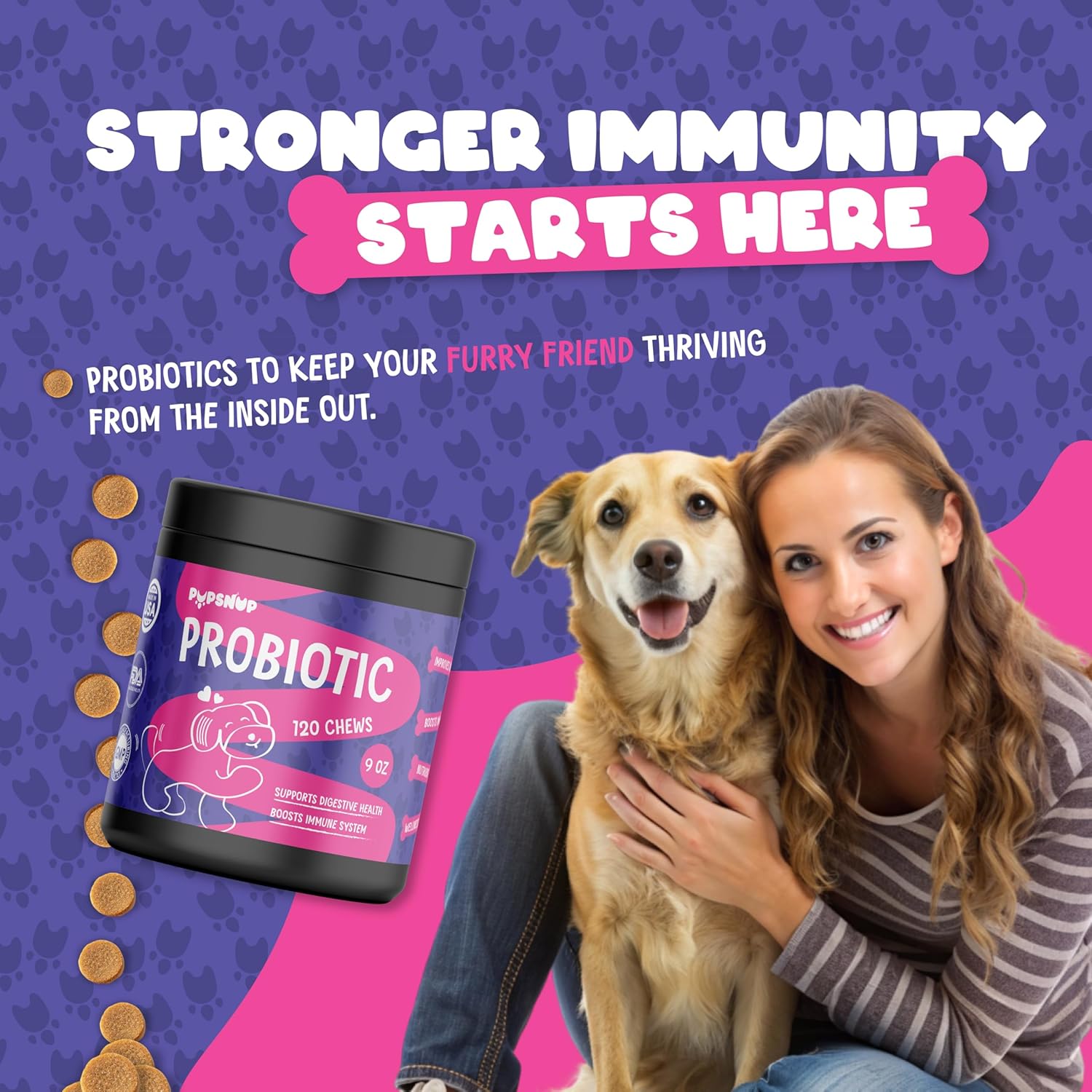 PupSnup Probiotic Soft Chews for Dogs - Supports Gut & Digestive Health - Boosts Immune System - Pumpkin & Papaya Powder - 120 Count - USA Made